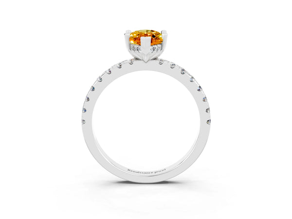 Sterling Silver Marquise Citrine Hidden Halo Engagement Ring with Pave Band