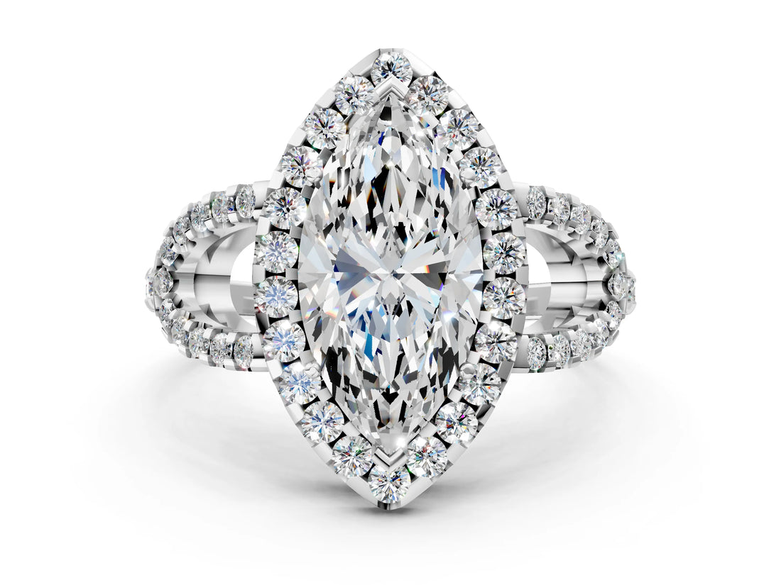 Silver Marquise Cut Cut Diamond Halo Engagement Ring with Open Split Pavé Band_13