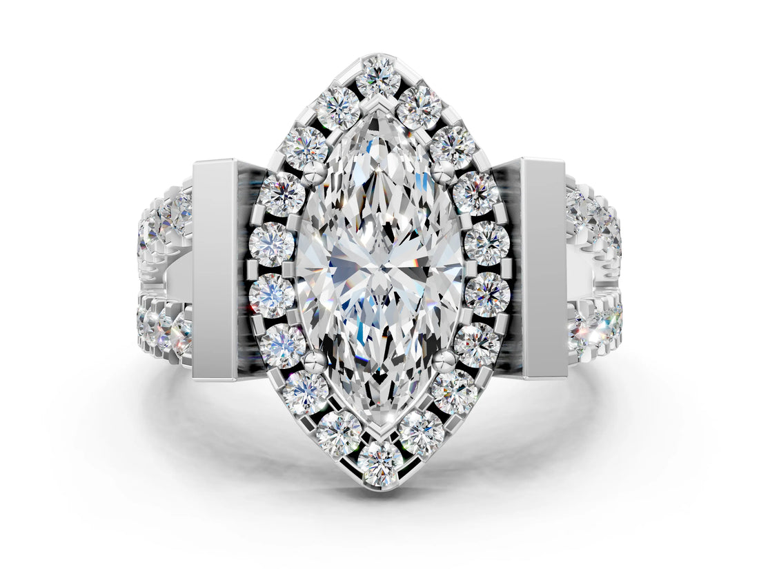 Silver Marquise Cut Cut Halo Split Shank Prong Set Ring_7
