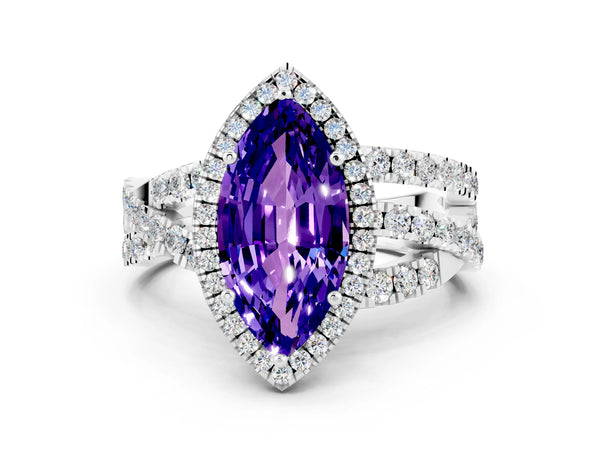 Silver Marquise Cut Tanzanite Halo Ring with Round Split Shank and Prong Setting