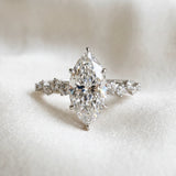 14K White Gold 2.06 Carat E VVS2 Marquise Diamond Cluster Side Stone Solitaire Ring with Prong Setting