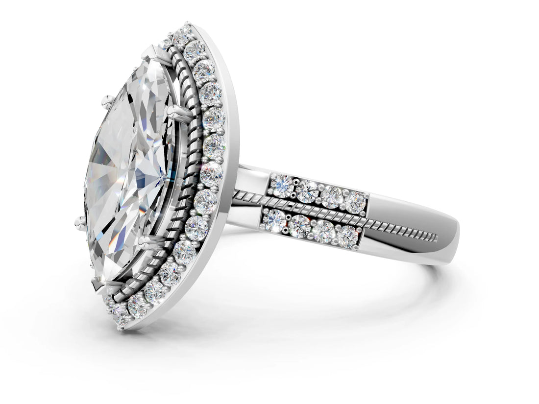 Silver Marquise Cut Diamond Double Halo Ring with Split Shank and Four-Prong Setting_19