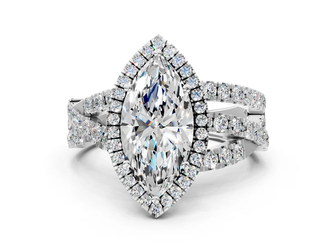 Silver Marquise Cut Diamond Halo Ring with Round Split Shank and Prong Setting