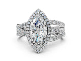 Silver Marquise Cut Diamond Halo Ring with Round Split Shank and Prong Setting