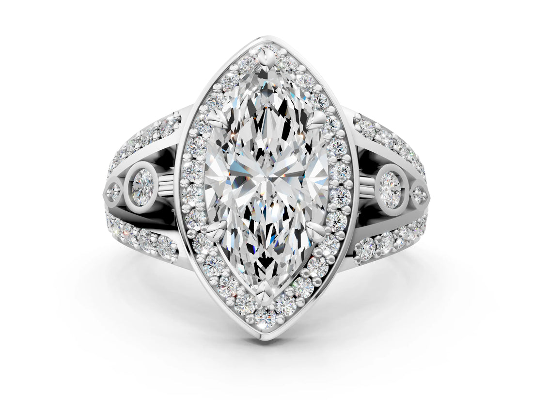 Silver Marquise Cut Diamond Halo Ring with Split Shank and Bezel Accents and Four-Prong Setting_13