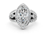 Silver Marquise Cut Diamond Halo Ring with Split Shank and Bezel Accents and Four-Prong Setting_13