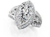 Silver Marquise Cut Diamond Halo Ring with Split Shank and Bezel Accents and Four-Prong Setting_14
