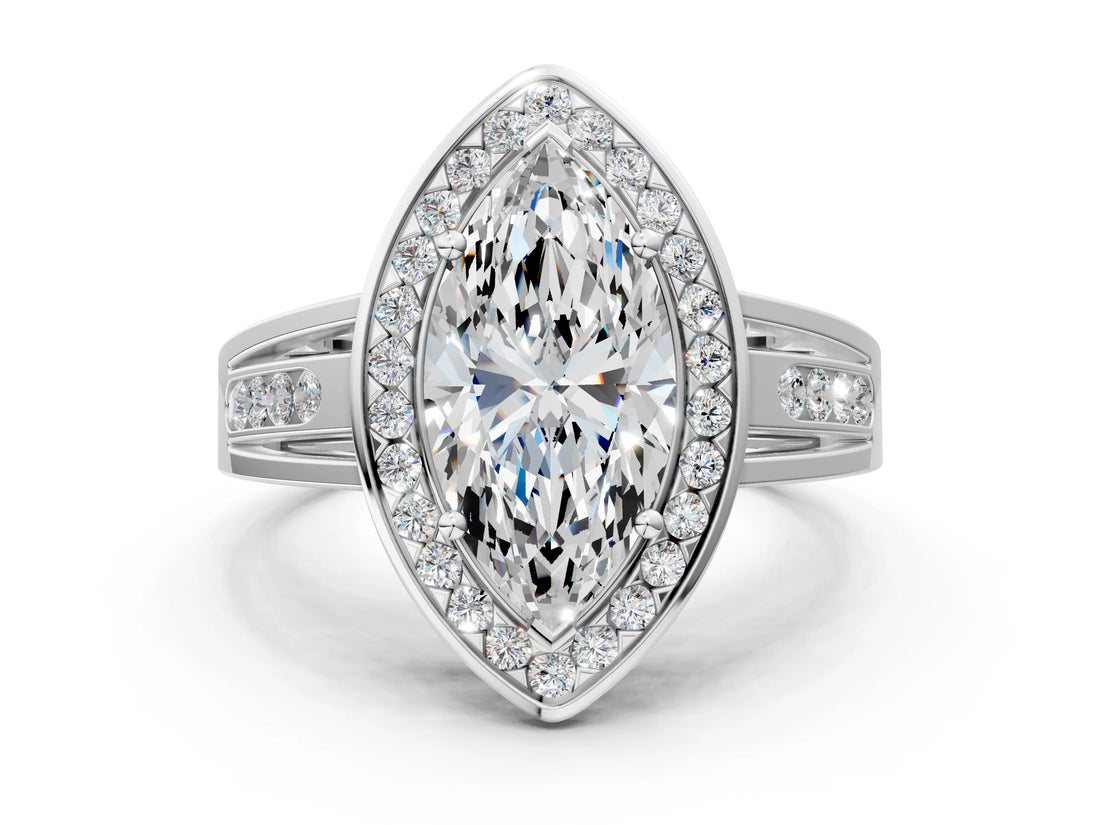 Silver Marquise Cut Diamond Halo Ring with Split Shank and Bezel Accents and Prong Setting_13