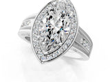 Silver Marquise Cut Diamond Halo Ring with Split Shank and Bezel Accents and Prong Setting_14