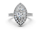 Silver Marquise Cut Diamond Milgrain Halo Engagement Ring with Round Pavé Band and Prong Setting_12
