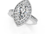 Silver Marquise Cut Diamond Milgrain Halo Engagement Ring with Round Pavé Band and Prong Setting_13