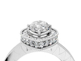 Silver Marquise Cut Diamond Milgrain Halo Engagement Ring with Round Pavé Band and Prong Setting_16