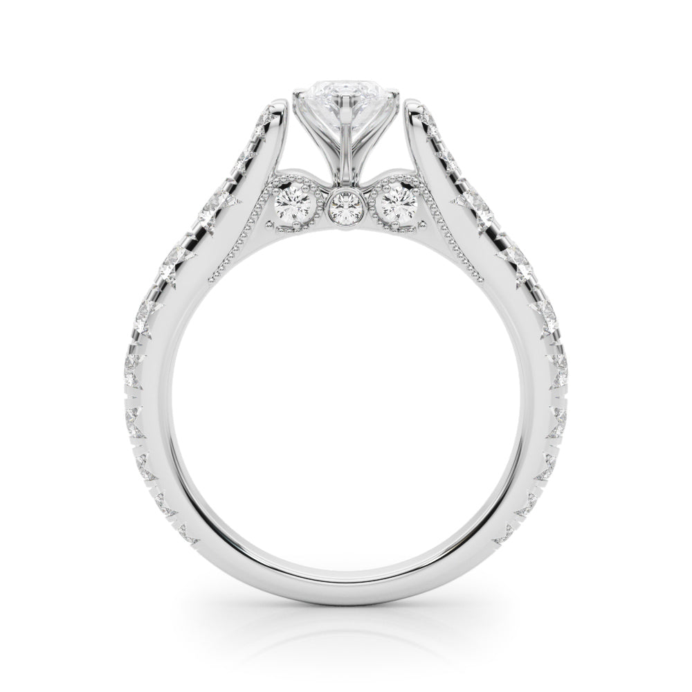 Silver Marquise Cut Diamond Pavé Band Solitaire with Four-Prong Setting 1