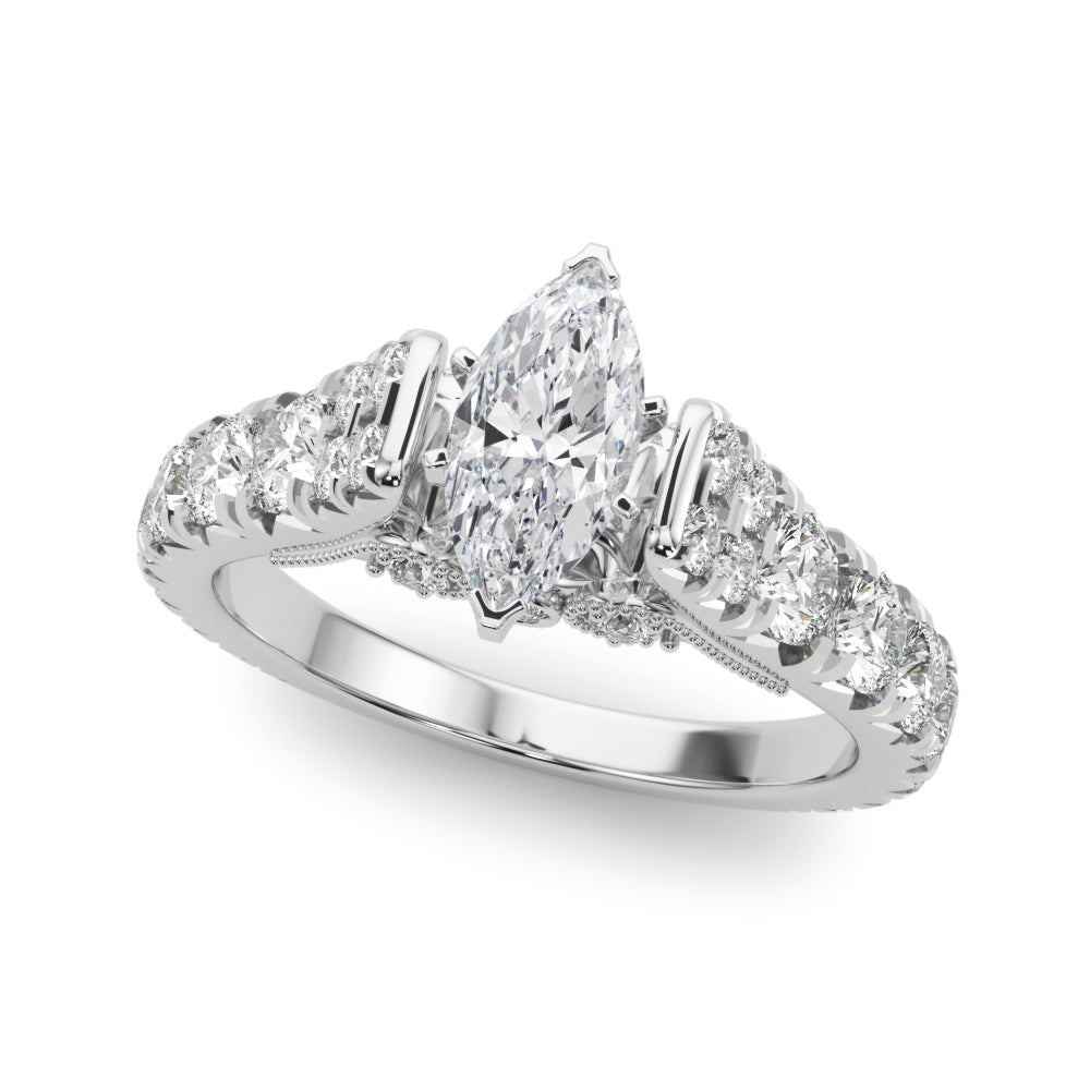 Silver Marquise Cut Diamond Pavé Band Solitaire with Four-Prong Setting 2