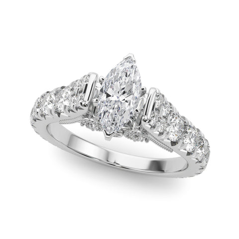 Silver Marquise Cut Diamond Pavé Band Solitaire with Four-Prong Setting 2