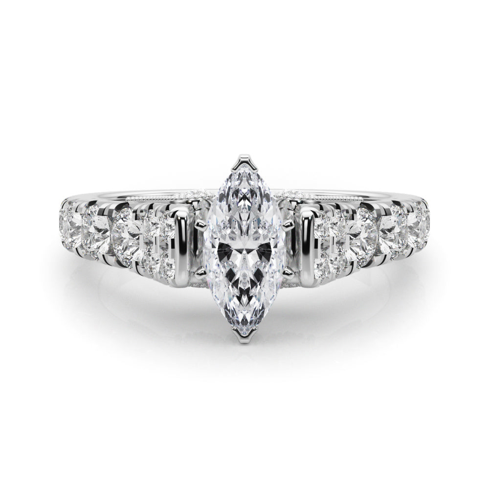 Silver Marquise Cut Diamond Pavé Band Solitaire with Four-Prong Setting