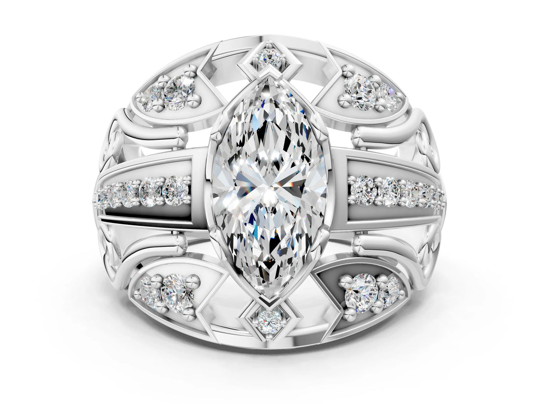 Silver Marquise Cut Diamond Pave Art Deco Split Shank Ring with Four-Prong Setting_25