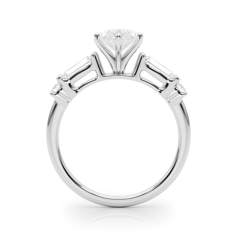 Silver Marquise Cut Diamond Ring with Baguette Side Stones, Channel Set Band, and Four-Prong Setting 1