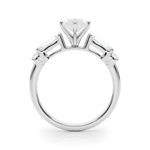 Silver Marquise Cut Diamond Ring with Baguette Side Stones, Channel Set Band, and Four-Prong Setting 1
