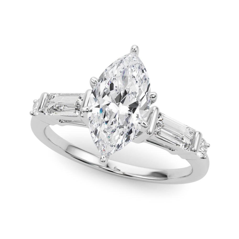 Silver Marquise Cut Diamond Ring with Baguette Side Stones, Channel Set Band, and Four-Prong Setting 2