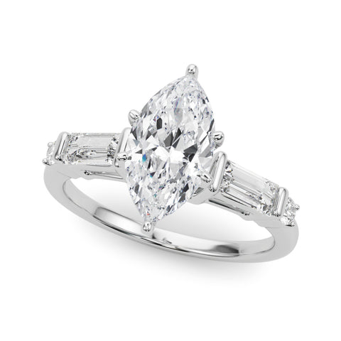 Silver Marquise Cut Diamond Ring with Baguette Side Stones, Channel Set Band, and Four-Prong Setting 2