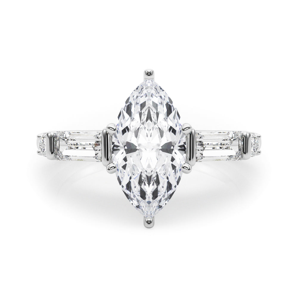 Silver Marquise Cut Diamond Ring with Baguette Side Stones, Channel Set Band, and Four-Prong Setting