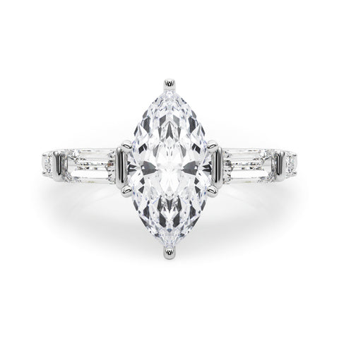 Silver Marquise Cut Diamond Ring with Baguette Side Stones, Channel Set Band, and Four-Prong Setting