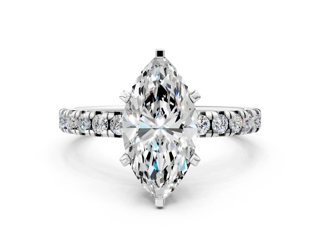Silver Marquise Cut Diamond Solitaire Pavé Engagement Ring with Round Band and Prong Setting_2