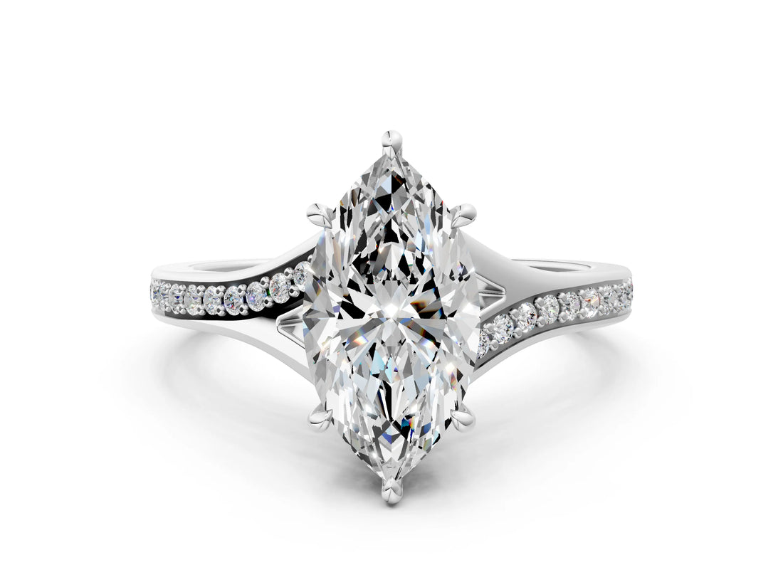 Silver Marquise Cut Diamond Solitaire Ring with Pavé Band and Prong Setting_28