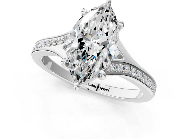 Sterling Silver Marquise Pave Solitaire Engagement Ring Setting with Sweeping Shoulders