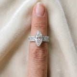 Silver Marquise Cut Diamond Solitaire Ring with Pavé and Channel Set Band_133
