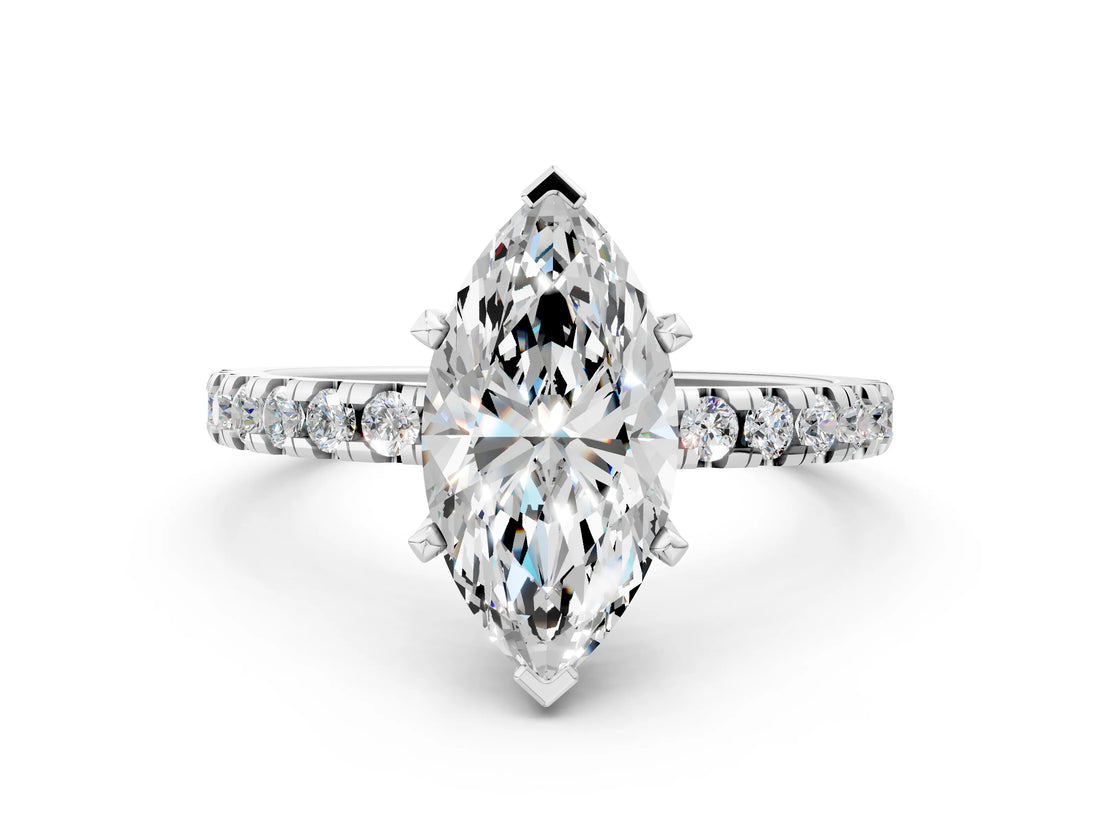 Silver Marquise Cut Diamond Solitaire Ring with Round  Pavé Band and Four-Prong Setting_28