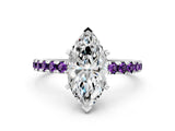 Silver Marquise Cut Diamond Solitaire Ring with Round with Amethyst side stone Pavé Band and Four-Prong Setting_12