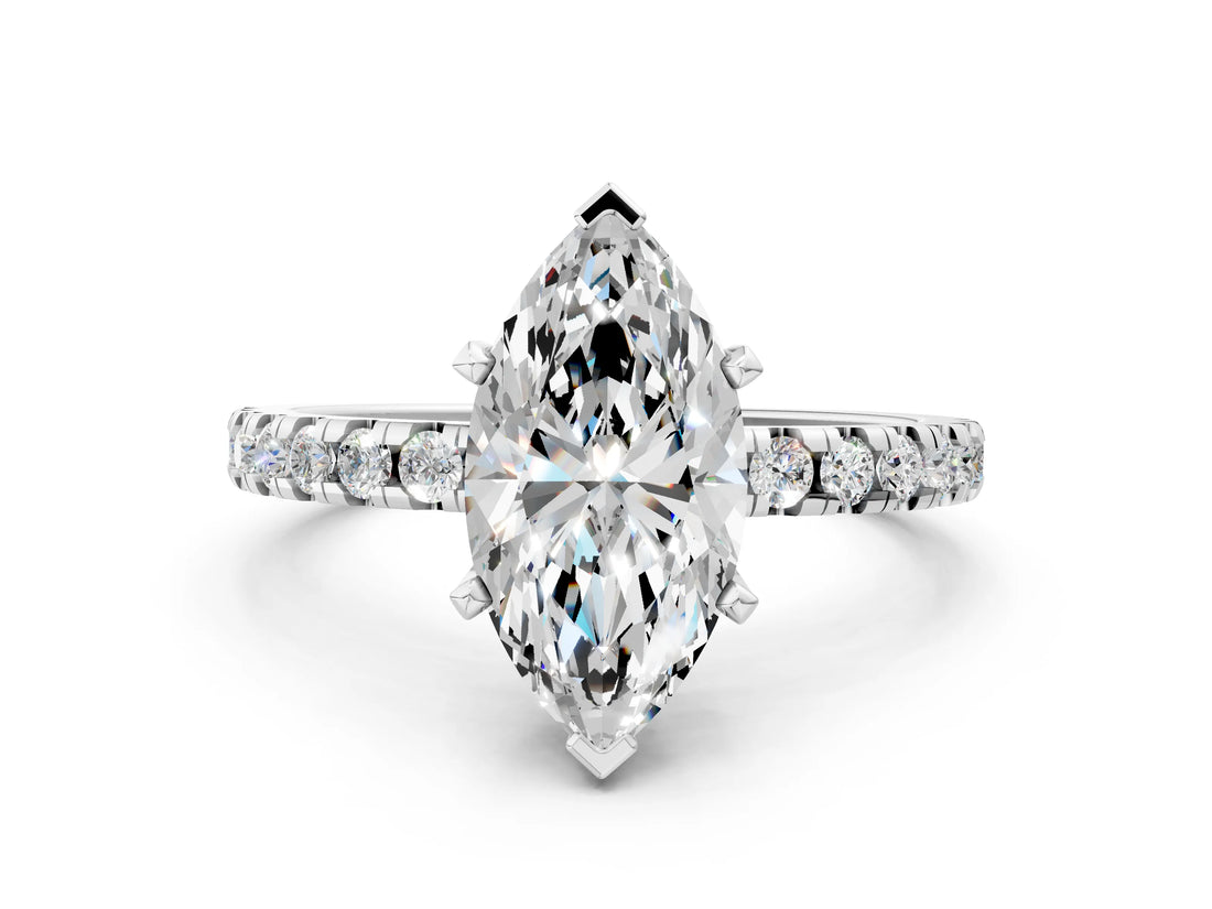 Silver Marquise Cut Diamond Solitaire Ring with Round with Moissanite side stone Pavé Band and Four-Prong Setting_12