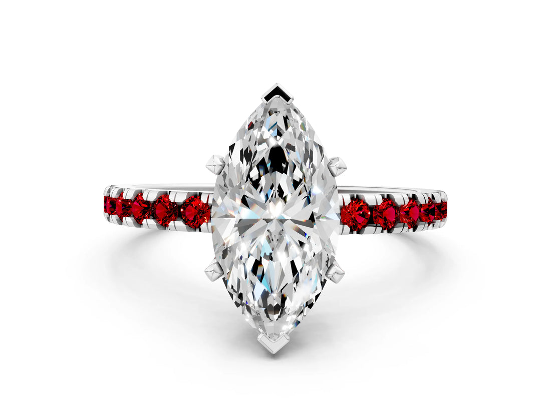Silver Marquise Cut Diamond Solitaire Ring with Round with Ruby side stone Pavé Band and Four-Prong Setting_12