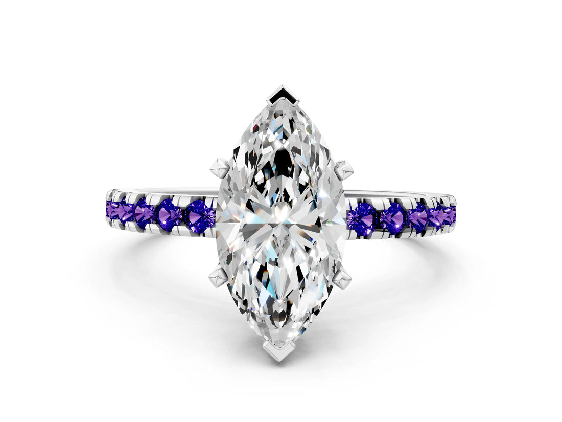Silver Marquise Cut Diamond Solitaire Ring with Round with Tanzanite side stone Pavé Band and Four-Prong Setting_12