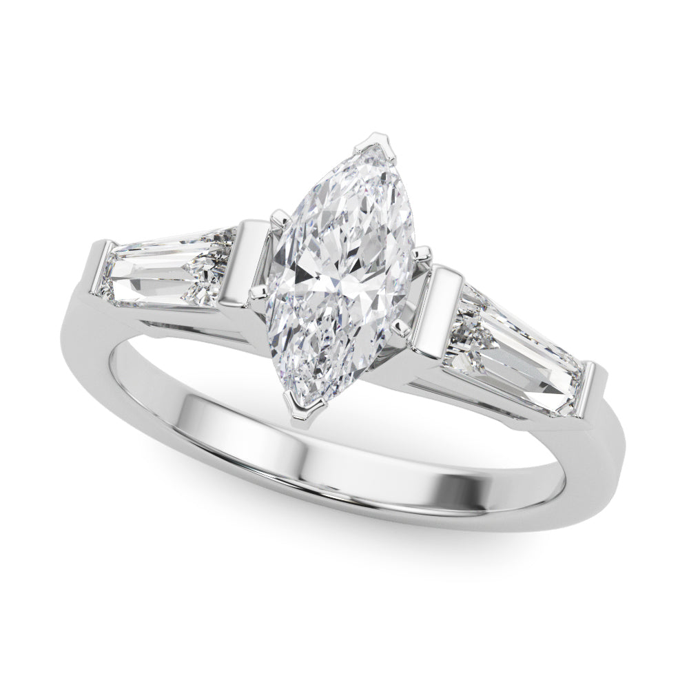 Silver Marquise Cut Diamond Solitaire Ring with Tapered Baguette Accents and Four-Prong Setting 2
