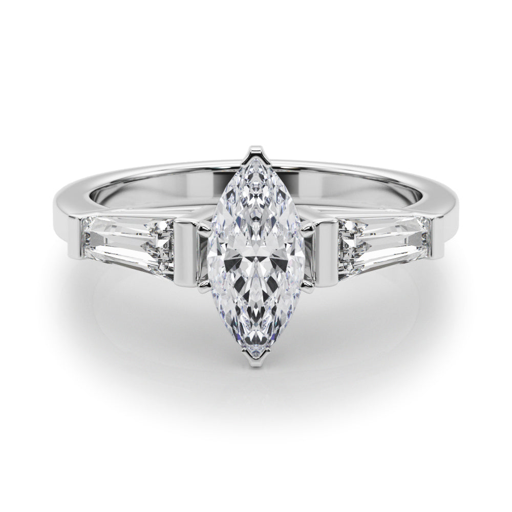 Silver Marquise Cut Diamond Solitaire Ring with Tapered Baguette Accents and Four-Prong Setting