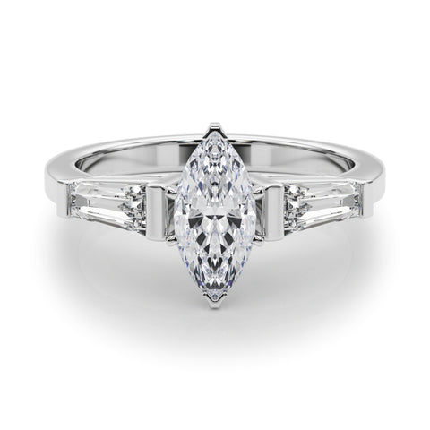 Silver Marquise Cut Diamond Solitaire Ring with Tapered Baguette Accents and Four-Prong Setting