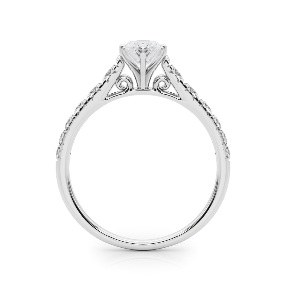 Silver Marquise Cut Diamond Solitaire with Pave Band and Four-Prong Setting 1