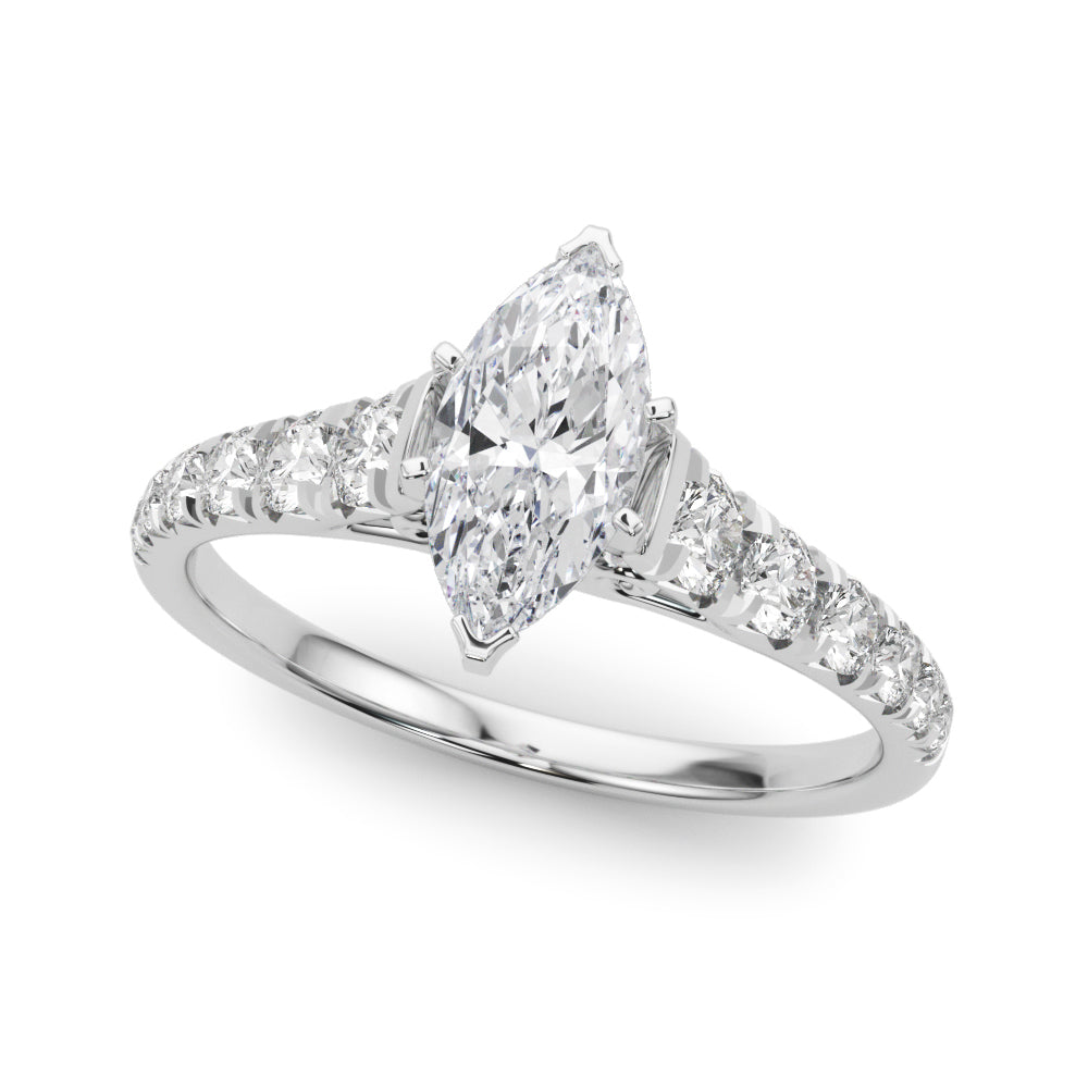 Silver Marquise Cut Diamond Solitaire with Pave Band and Four-Prong Setting 2