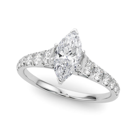 Silver Marquise Cut Diamond Solitaire with Pave Band and Four-Prong Setting 2