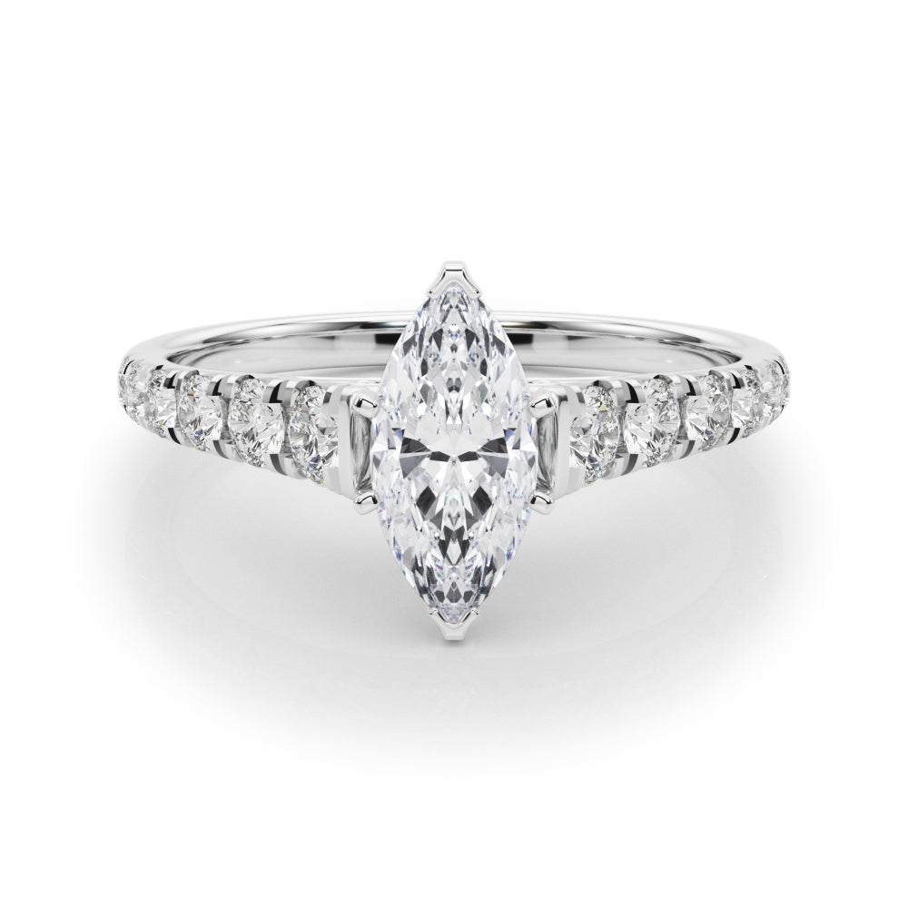 Silver Marquise Cut Diamond Solitaire with Pave Band and Four-Prong Setting