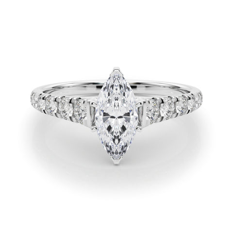 Silver Marquise Cut Diamond Solitaire with Pave Band and Four-Prong Setting