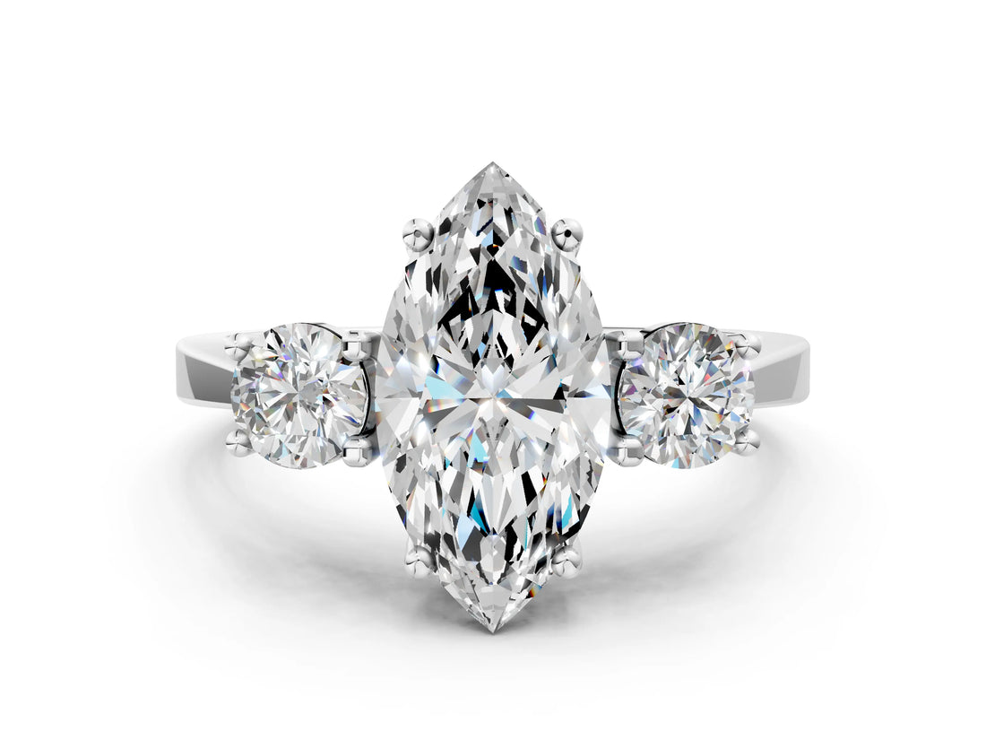 Silver Marquise Cut Diamond Three-Stone Engagement Ring with Prong Setting and Pavé Band_31