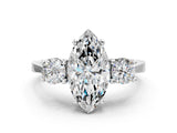 Silver Marquise Cut Diamond Three-Stone Engagement Ring with Prong Setting and Pavé Band_31