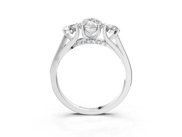Silver Marquise Cut Diamond Three-Stone Engagement Ring with Prong Setting and Pavé Band