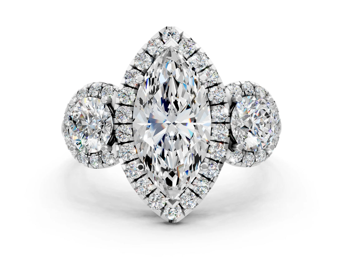 Silver Marquise Cut Diamond Three-Stone Halo Ring with Prong Setting and Pavé Accents_13