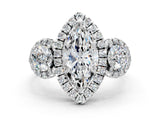 Silver Marquise Cut Diamond Three-Stone Halo Ring with Prong Setting and Pavé Accents_13