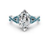 Silver Marquise Cut Diamond with Blue Topaz side stone Halo Twist Band Solitaire Prong Setting Ring